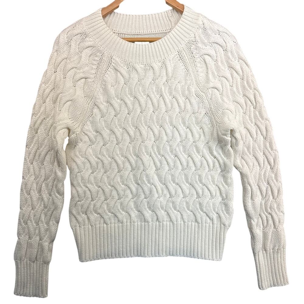 Gap White Cotton Cable Knit Ribbed Cuffs Crewneck Sweater Women XS